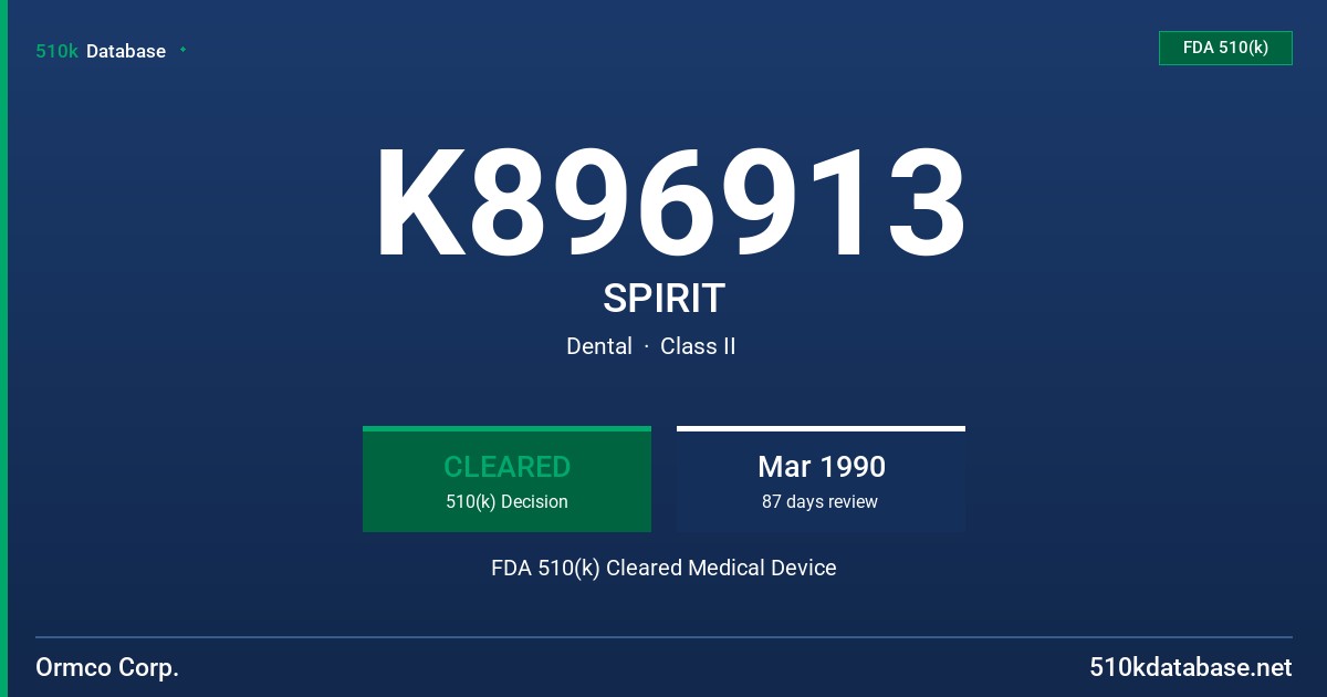 K896913 SPIRIT FDA 510(k) Cleared Medical Device