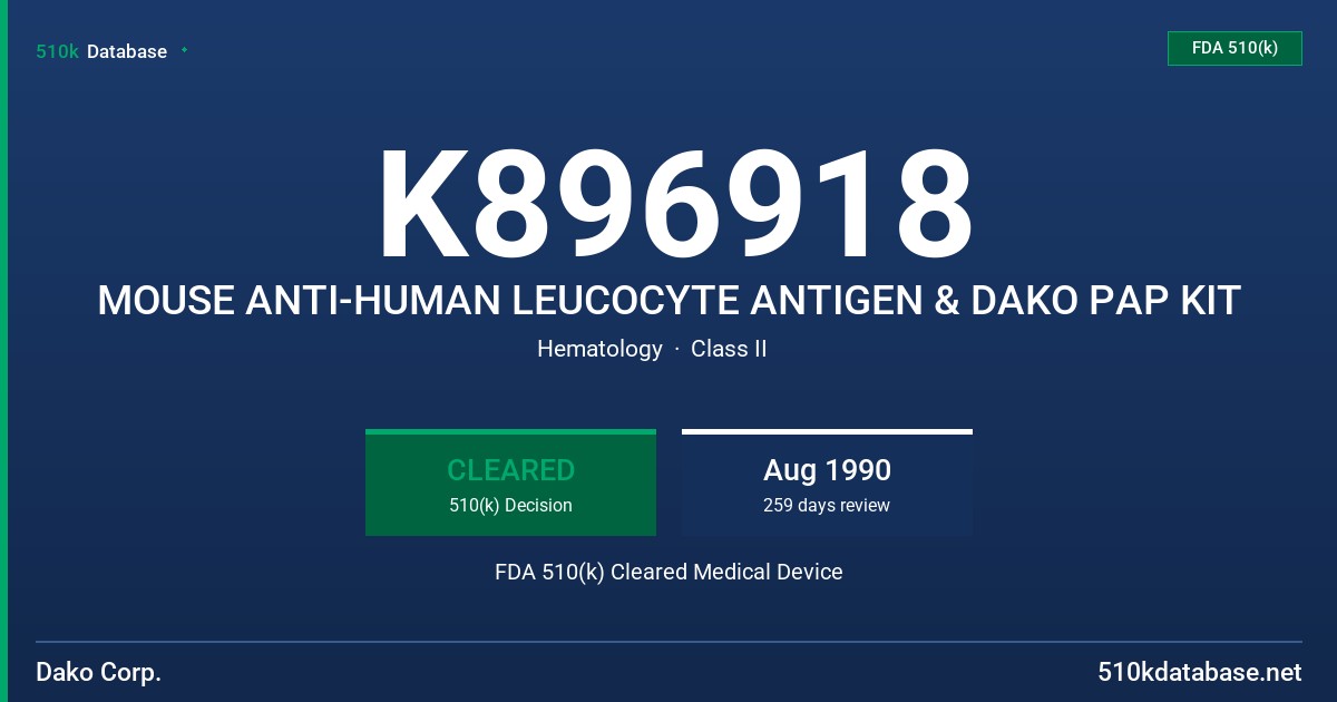 K896918 MOUSE ANTI-HUMAN LEUCOCYTE ANTIGEN & DAKO PAP KIT FDA 510(k) Cleared Medical Device
