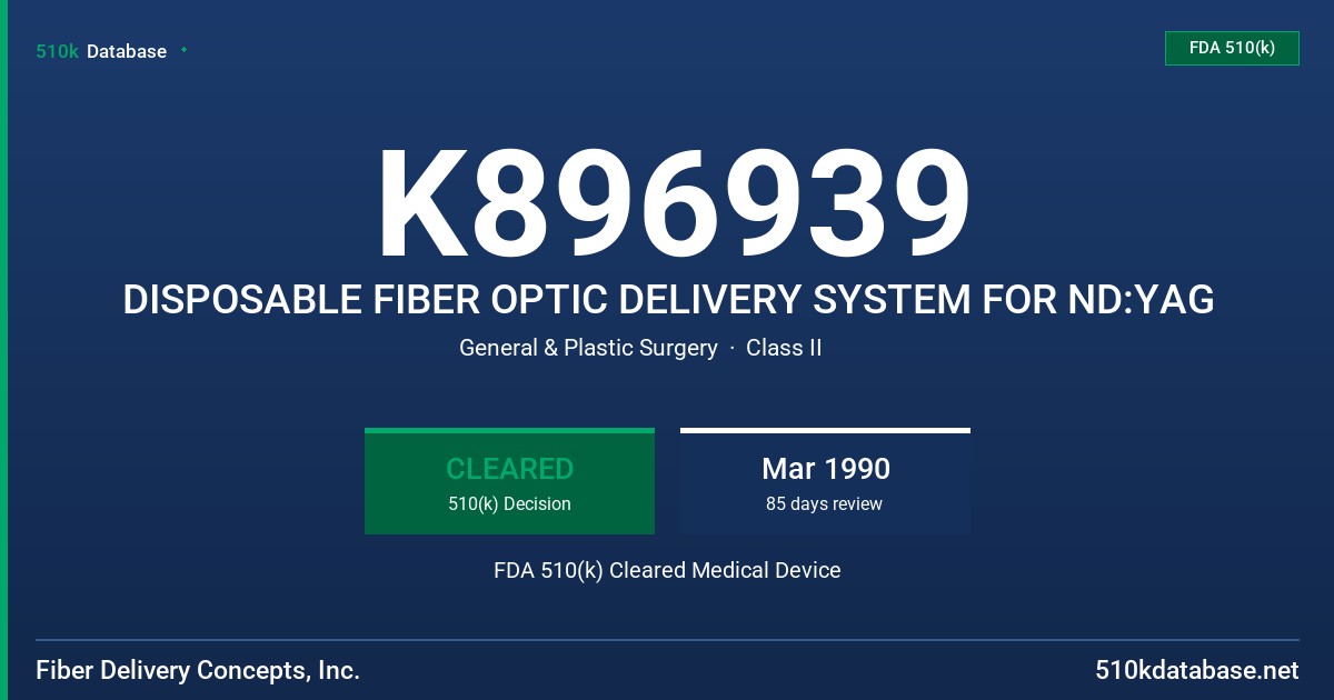 K896939 DISPOSABLE FIBER OPTIC DELIVERY SYSTEM FOR ND:YAG FDA 510(k) Cleared Medical Device
