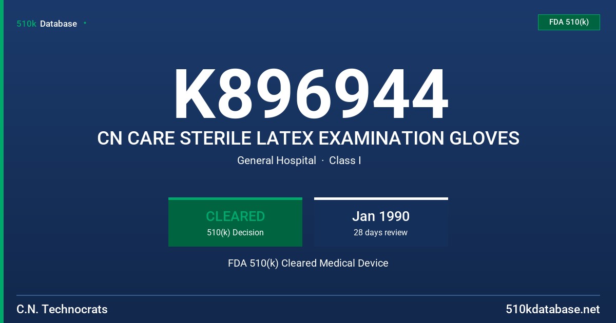K896944 CN CARE STERILE LATEX EXAMINATION GLOVES FDA 510(k) Cleared Medical Device