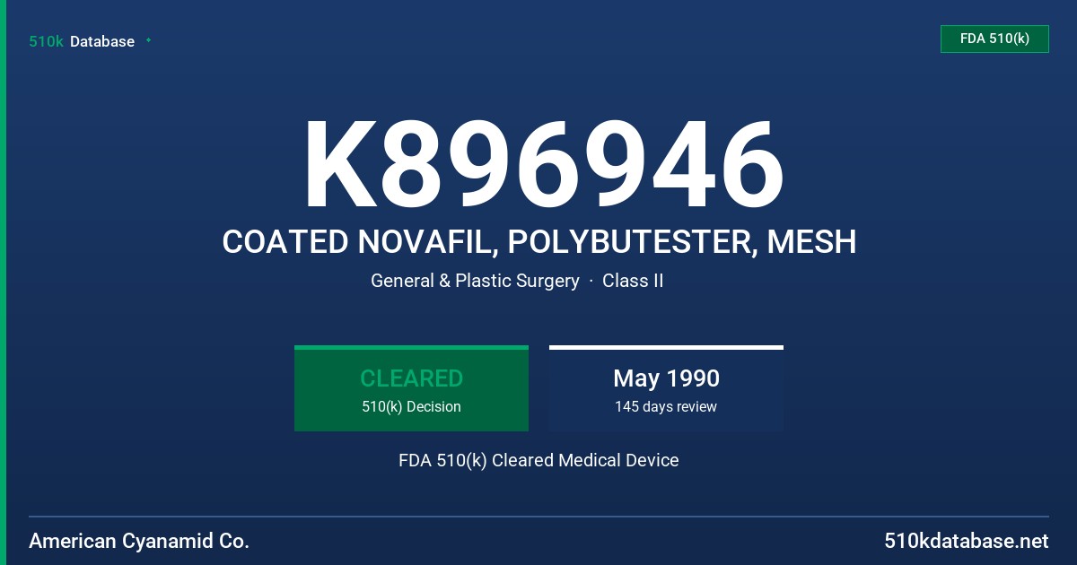 K896946 COATED NOVAFIL, POLYBUTESTER, MESH FDA 510(k) Cleared Medical Device