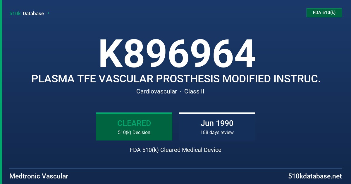 K896964 PLASMA TFE VASCULAR PROSTHESIS MODIFIED INSTRUC. FDA 510(k) Cleared Medical Device