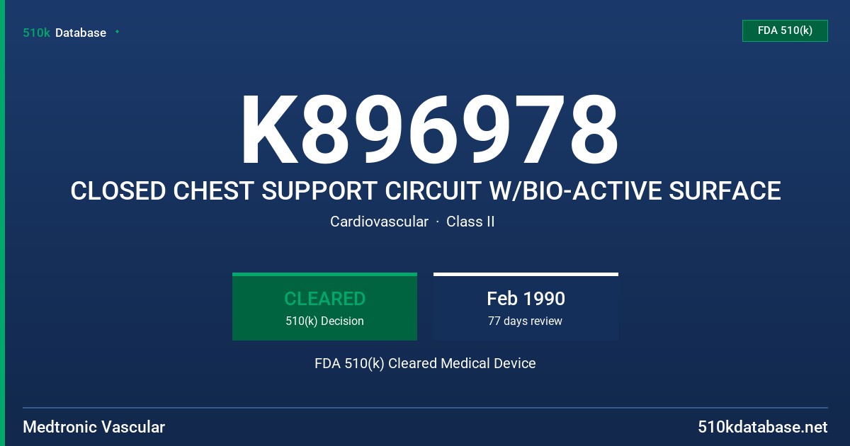 K896978 CLOSED CHEST SUPPORT CIRCUIT W/BIO-ACTIVE SURFACE FDA 510(k) Cleared Medical Device
