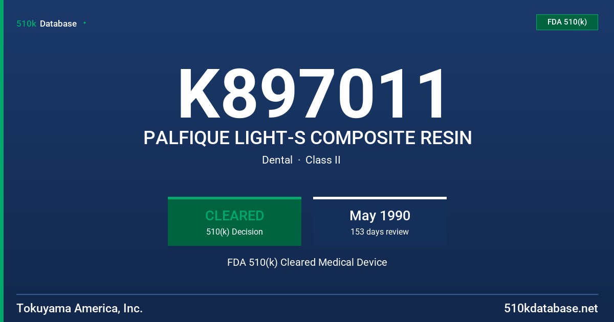 K897011 PALFIQUE LIGHT-S COMPOSITE RESIN FDA 510(k) Cleared Medical Device