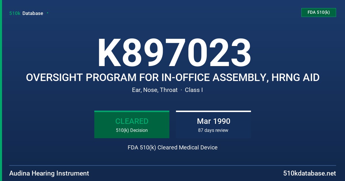 K897023 OVERSIGHT PROGRAM FOR IN-OFFICE ASSEMBLY, HRNG AID FDA 510(k) Cleared Medical Device