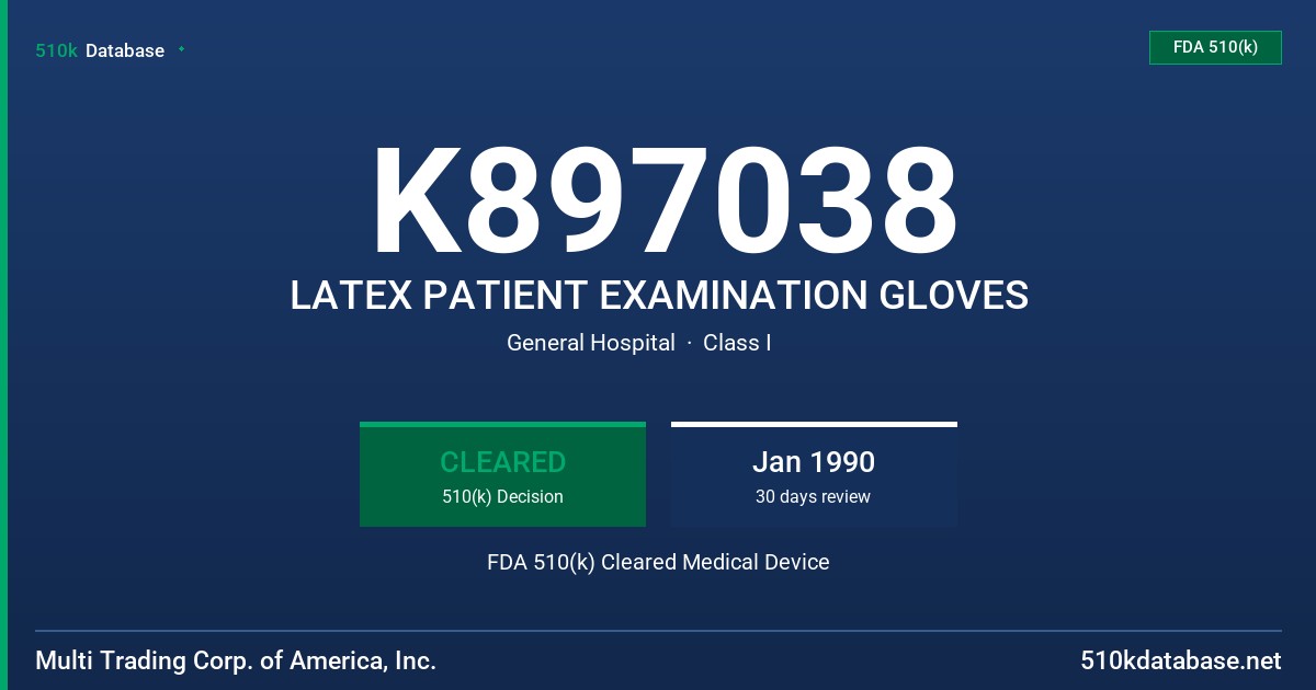K897038 LATEX PATIENT EXAMINATION GLOVES FDA 510(k) Cleared Medical Device
