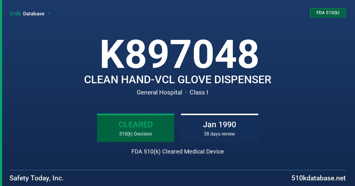 K897048 CLEAN HAND-VCL GLOVE DISPENSER FDA 510(k) Cleared Medical Device