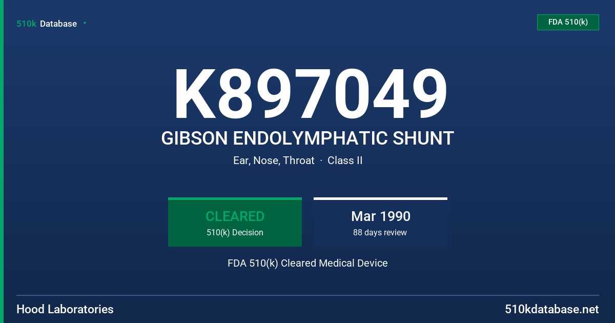 K897049 GIBSON ENDOLYMPHATIC SHUNT FDA 510(k) Cleared Medical Device