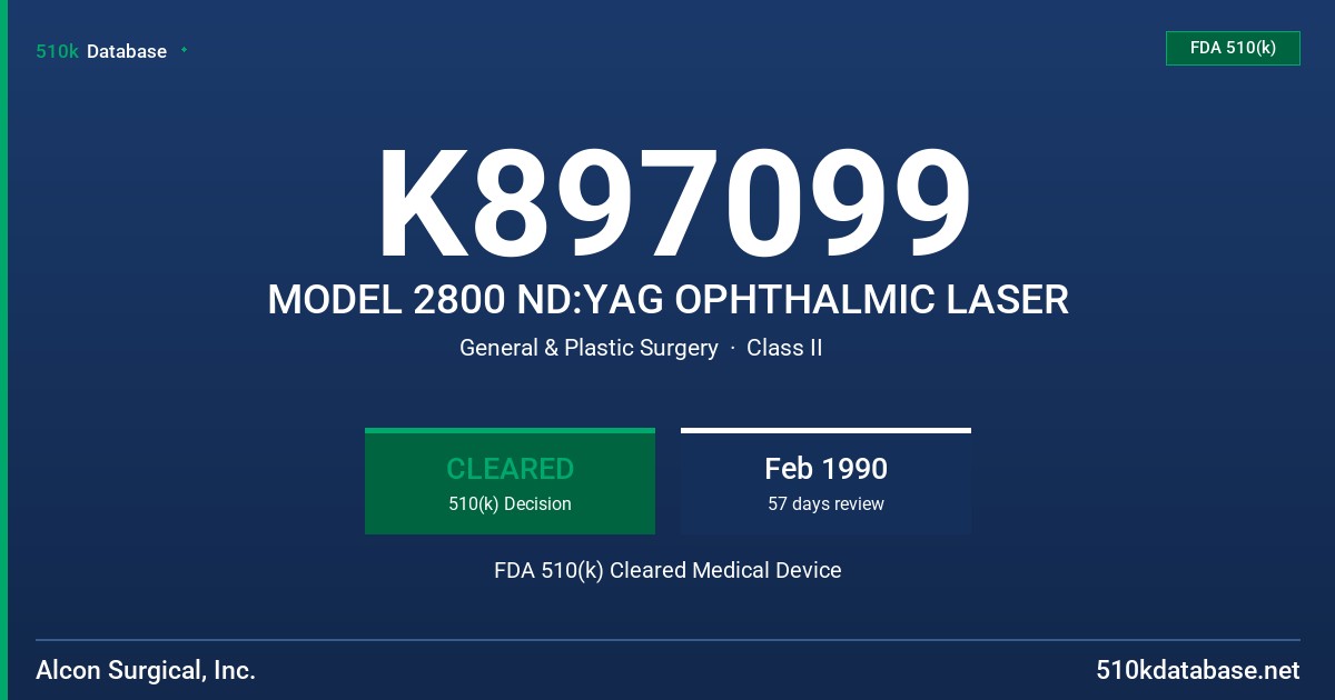 K897099 MODEL 2800 ND:YAG OPHTHALMIC LASER FDA 510(k) Cleared Medical Device