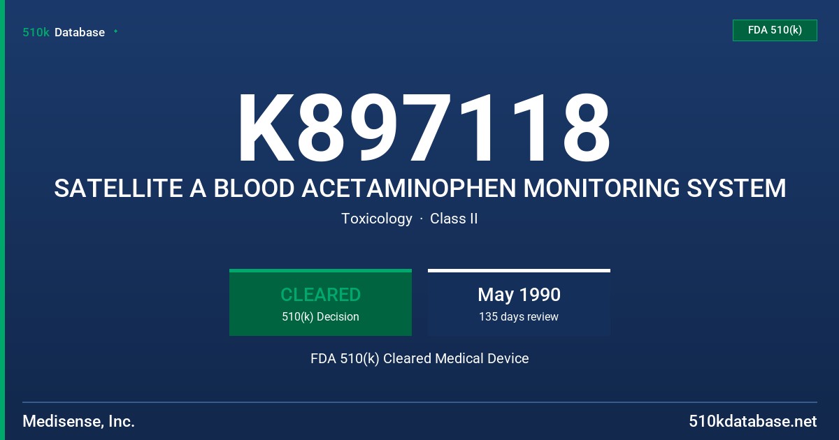 K897118 SATELLITE A BLOOD ACETAMINOPHEN MONITORING SYSTEM FDA 510(k) Cleared Medical Device