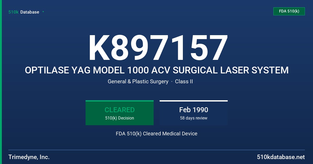 K897157 OPTILASE YAG MODEL 1000 ACV SURGICAL LASER SYSTEM FDA 510(k) Cleared Medical Device