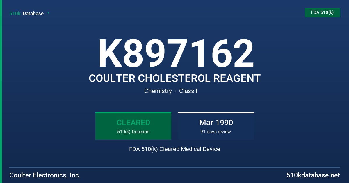 K897162 COULTER CHOLESTEROL REAGENT FDA 510(k) Cleared Medical Device