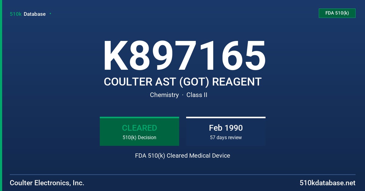 K897165 COULTER AST (GOT) REAGENT FDA 510(k) Cleared Medical Device