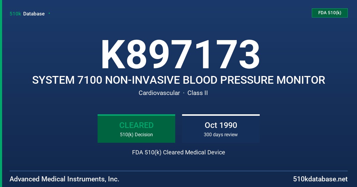 K897173 SYSTEM 7100 NON-INVASIVE BLOOD PRESSURE MONITOR FDA 510(k) Cleared Medical Device