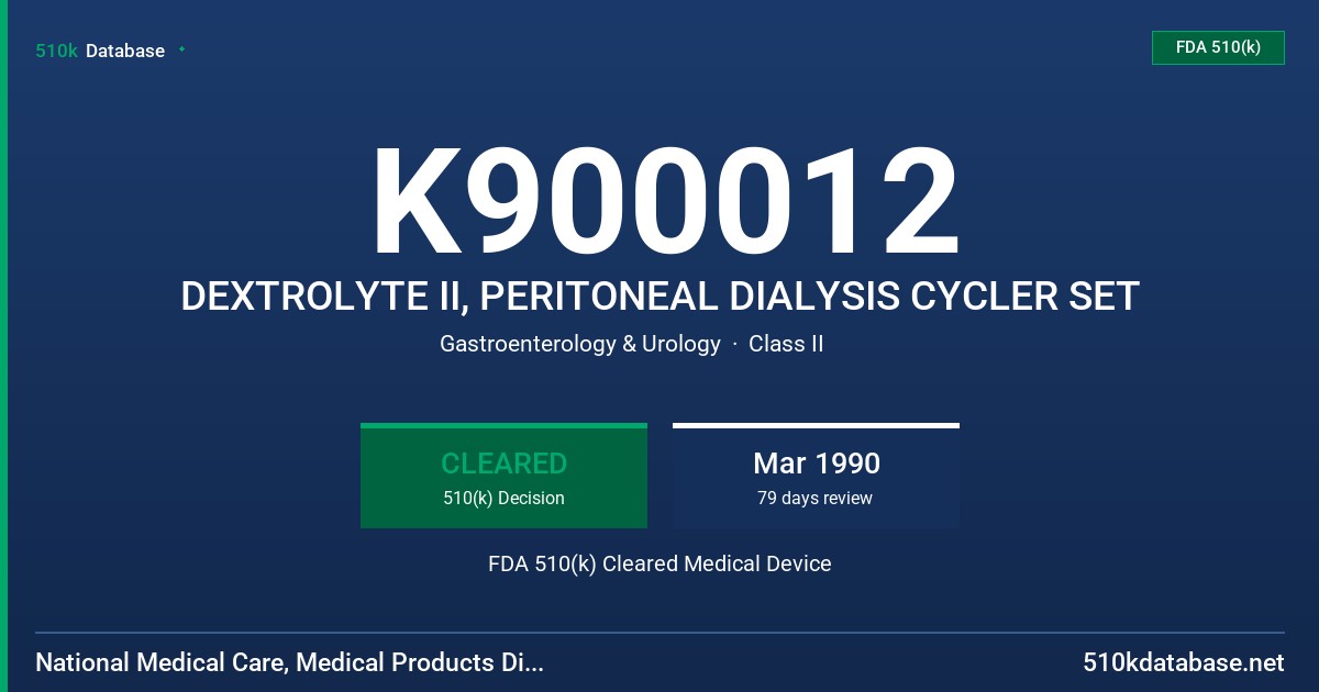 K900012 DEXTROLYTE II, PERITONEAL DIALYSIS CYCLER SET FDA 510(k) Cleared Medical Device