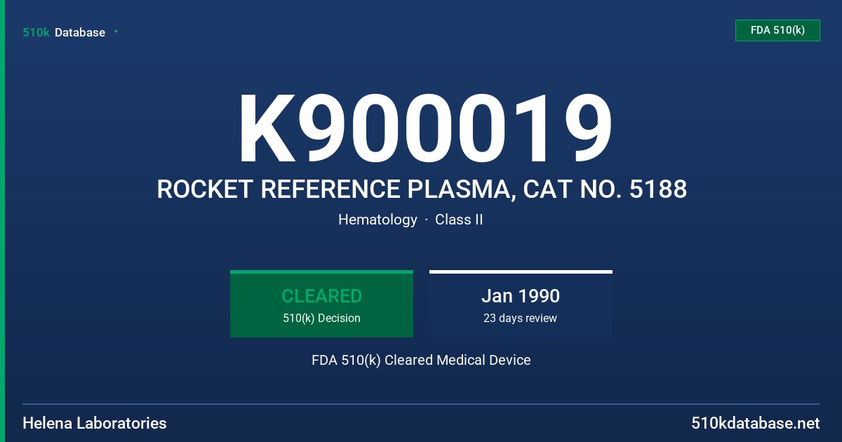 K900019 ROCKET REFERENCE PLASMA, CAT NO. 5188 FDA 510(k) Cleared Medical Device