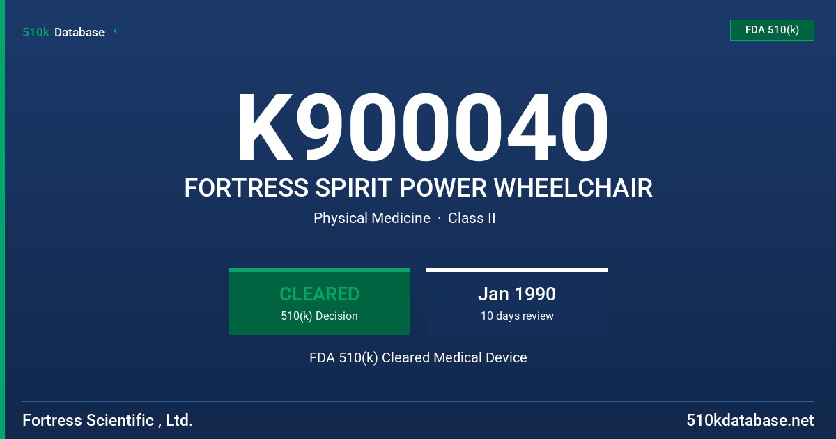 K900040 FORTRESS SPIRIT POWER WHEELCHAIR FDA 510(k) Cleared Medical Device