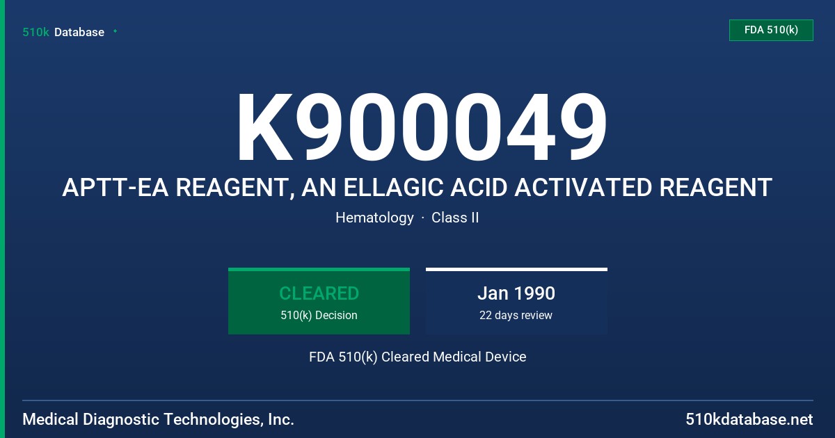 K900049 APTT-EA REAGENT, AN ELLAGIC ACID ACTIVATED REAGENT FDA 510(k) Cleared Medical Device