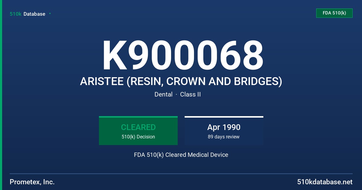 K900068 ARISTEE (RESIN, CROWN AND BRIDGES) FDA 510(k) Cleared Medical Device
