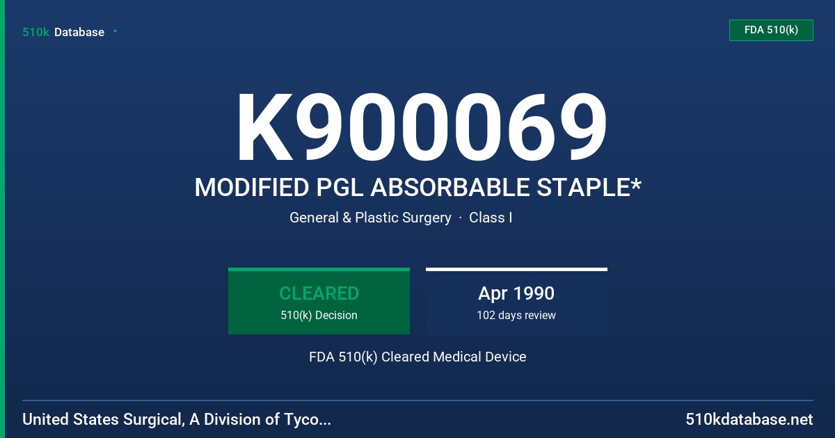 K900069 MODIFIED PGL ABSORBABLE STAPLE* FDA 510(k) Cleared Medical Device