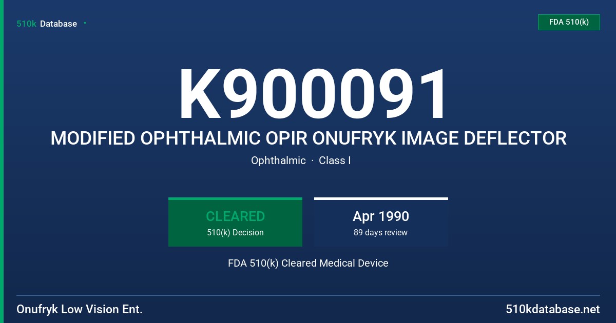 K900091 MODIFIED OPHTHALMIC OPIR ONUFRYK IMAGE DEFLECTOR FDA 510(k) Cleared Medical Device