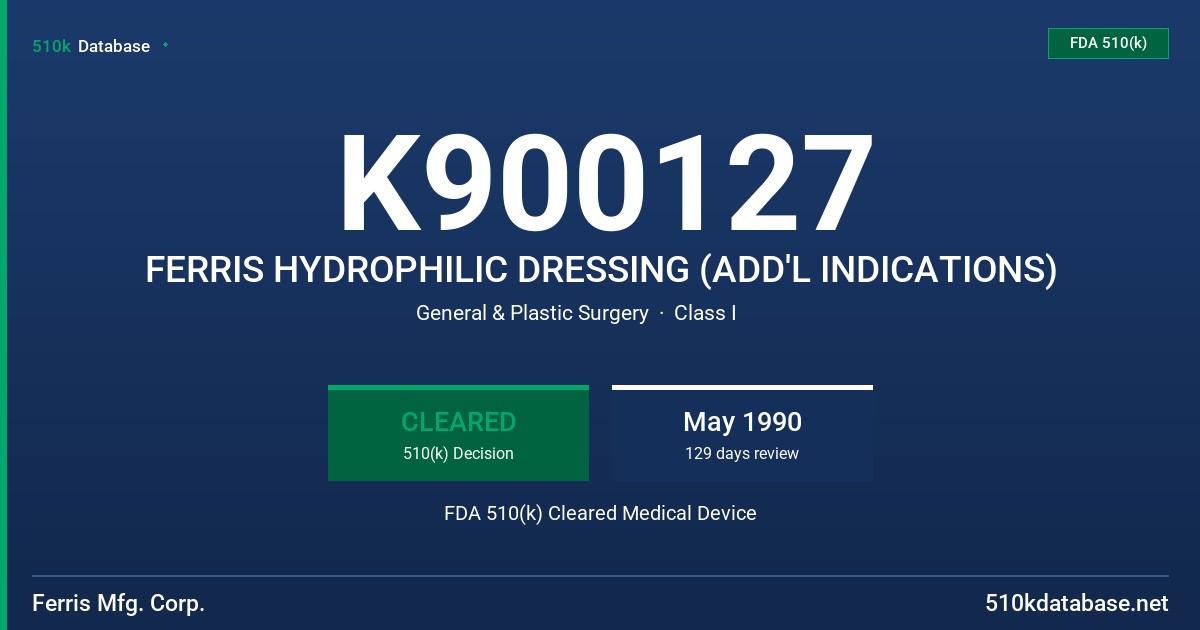 K900127 FERRIS HYDROPHILIC DRESSING (ADD'L INDICATIONS) FDA 510(k) Cleared Medical Device