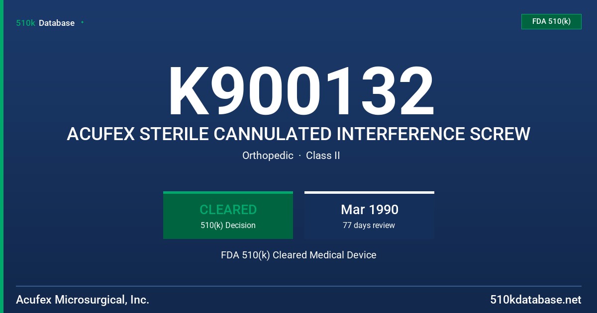 K900132 ACUFEX STERILE CANNULATED INTERFERENCE SCREW FDA 510(k) Cleared Medical Device