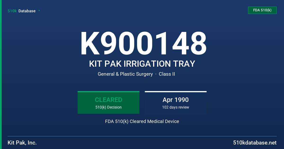 K900148 KIT PAK IRRIGATION TRAY FDA 510(k) Cleared Medical Device