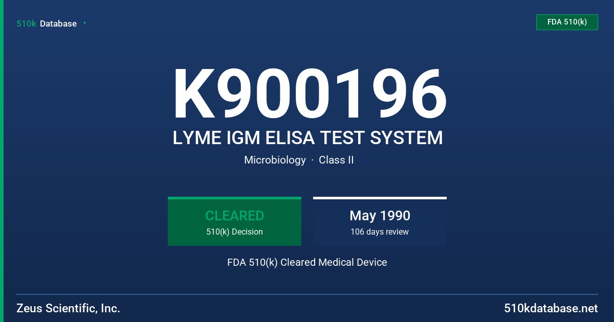 K900196 LYME IGM ELISA TEST SYSTEM FDA 510(k) Cleared Medical Device