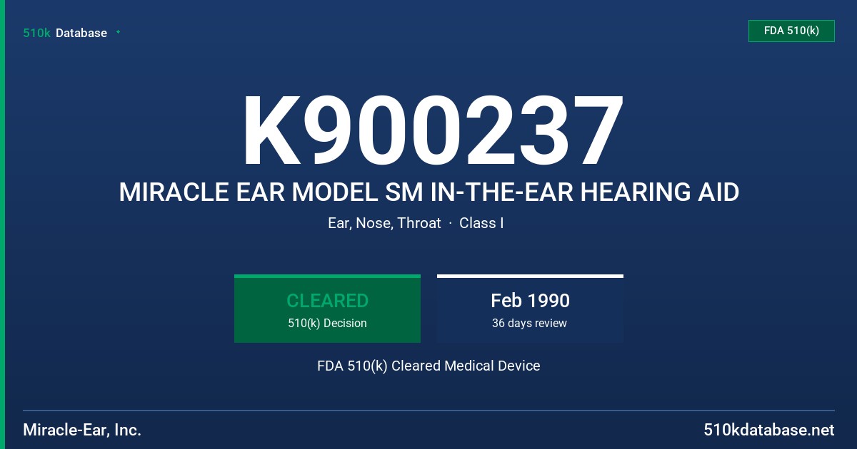 K900237 MIRACLE EAR MODEL SM IN-THE-EAR HEARING AID FDA 510(k) Cleared Medical Device