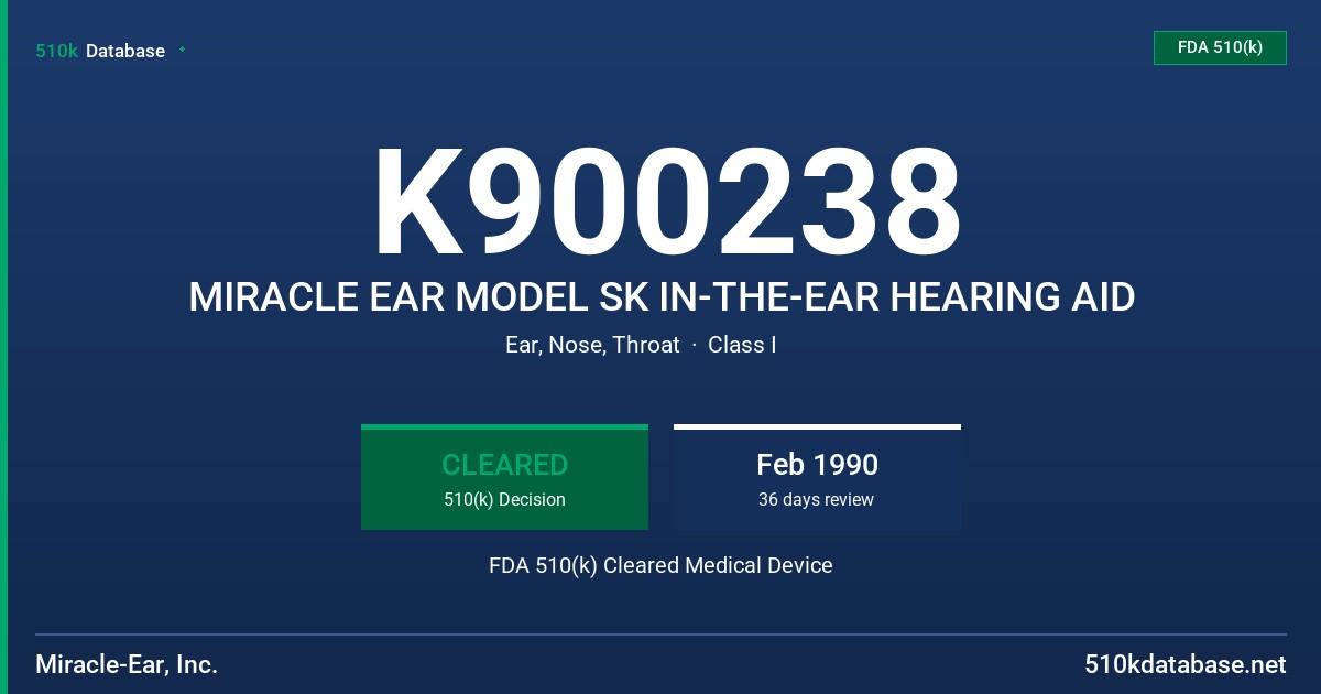 K900238 MIRACLE EAR MODEL SK IN-THE-EAR HEARING AID FDA 510(k) Cleared Medical Device