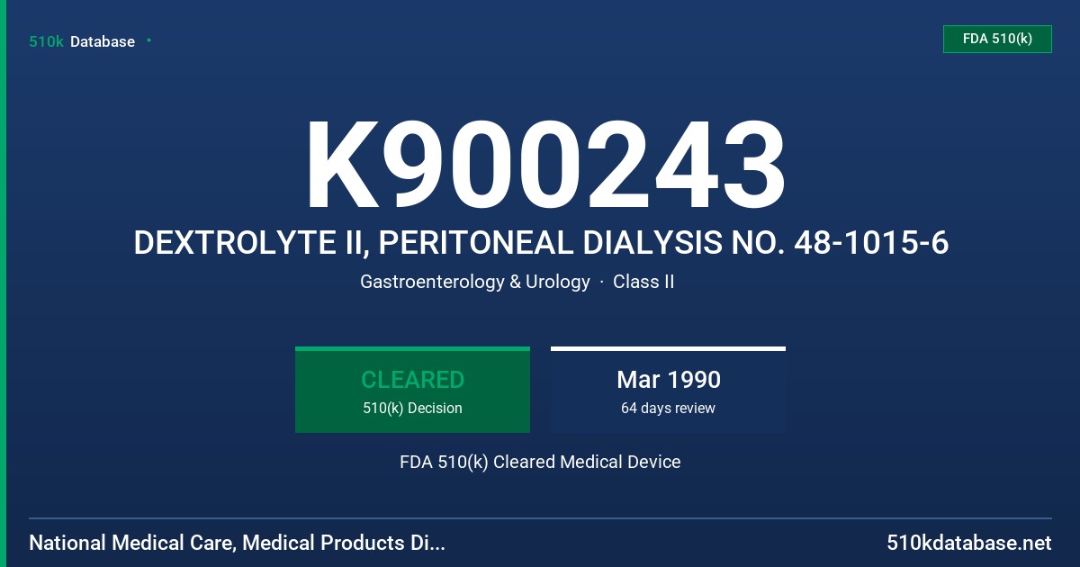 K900243 DEXTROLYTE II, PERITONEAL DIALYSIS NO. 48-1015-6 FDA 510(k) Cleared Medical Device