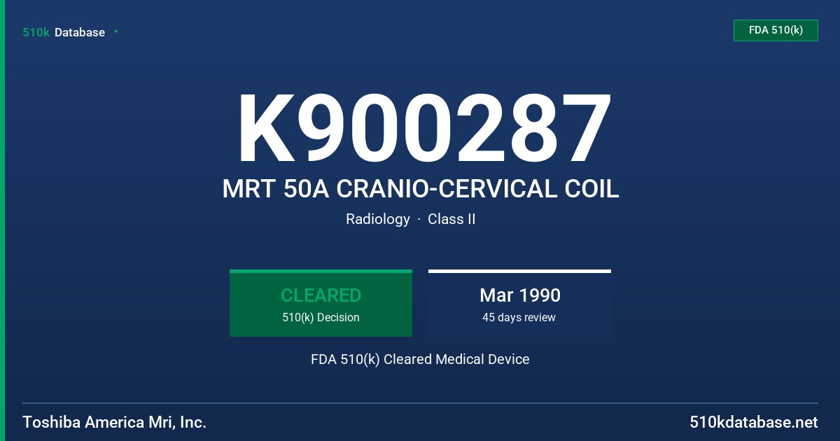 K900287 MRT 50A CRANIO-CERVICAL COIL FDA 510(k) Cleared Medical Device