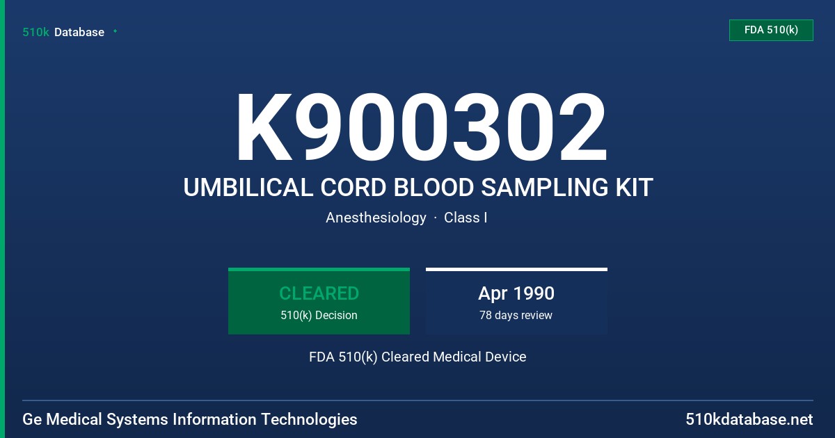 K900302 UMBILICAL CORD BLOOD SAMPLING KIT FDA 510(k) Cleared Medical Device
