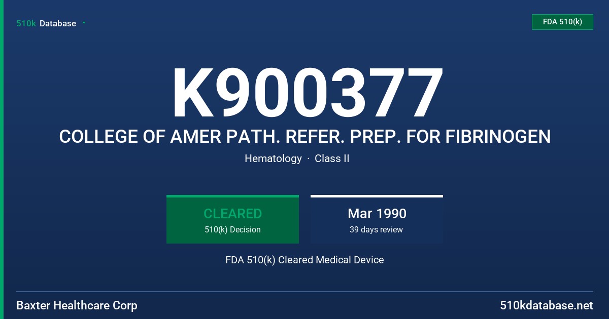 K900377 COLLEGE OF AMER PATH. REFER. PREP. FOR FIBRINOGEN FDA 510(k) Cleared Medical Device