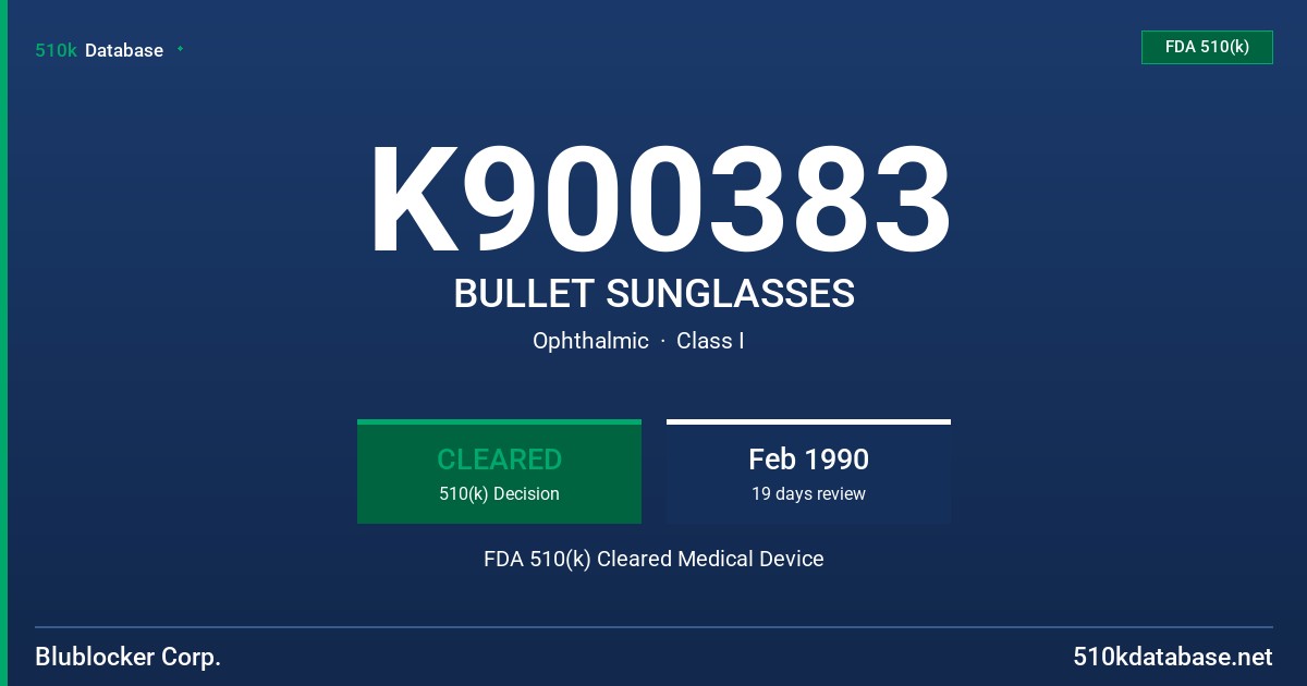 K900383 BULLET SUNGLASSES FDA 510(k) Cleared Medical Device