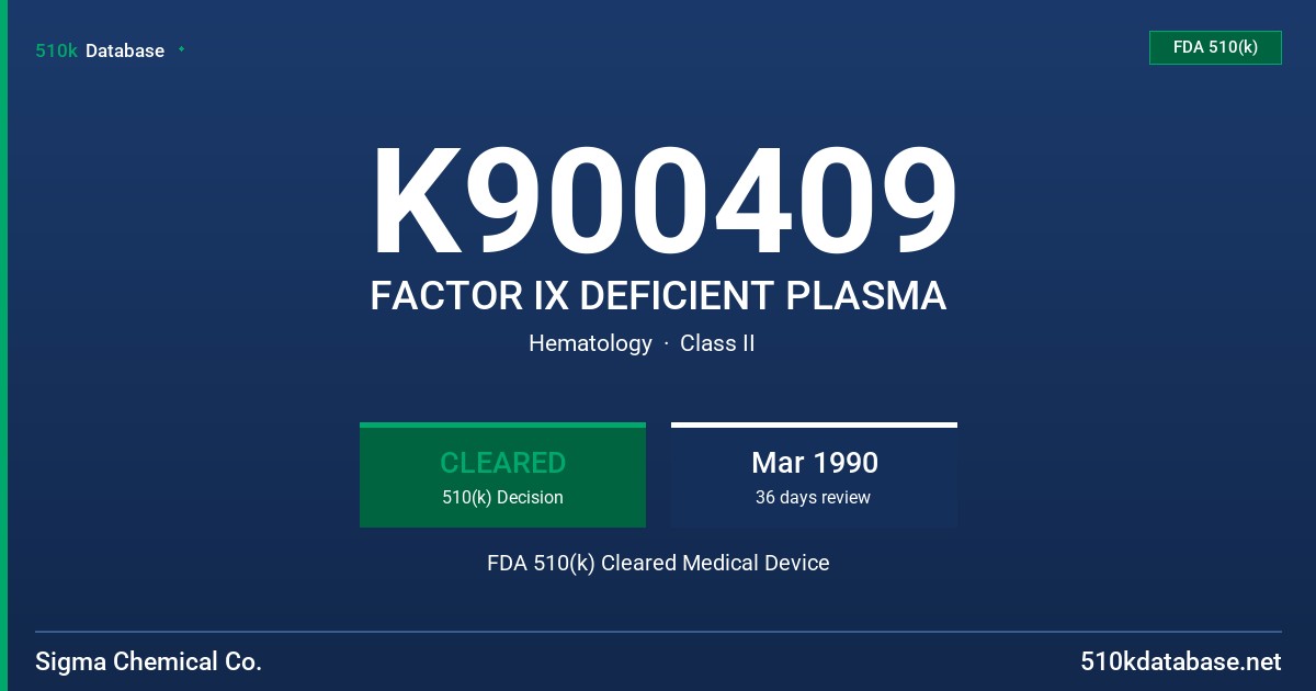 K900409 FACTOR IX DEFICIENT PLASMA FDA 510(k) Cleared Medical Device