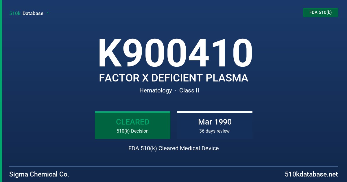 K900410 FACTOR X DEFICIENT PLASMA FDA 510(k) Cleared Medical Device