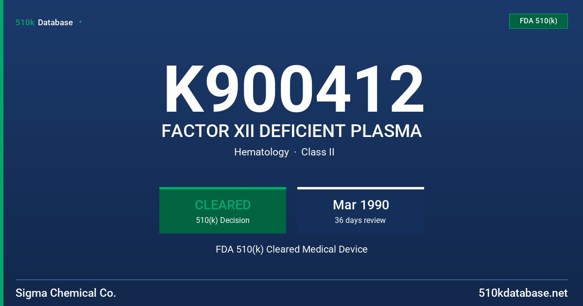 K900412 FACTOR XII DEFICIENT PLASMA FDA 510(k) Cleared Medical Device