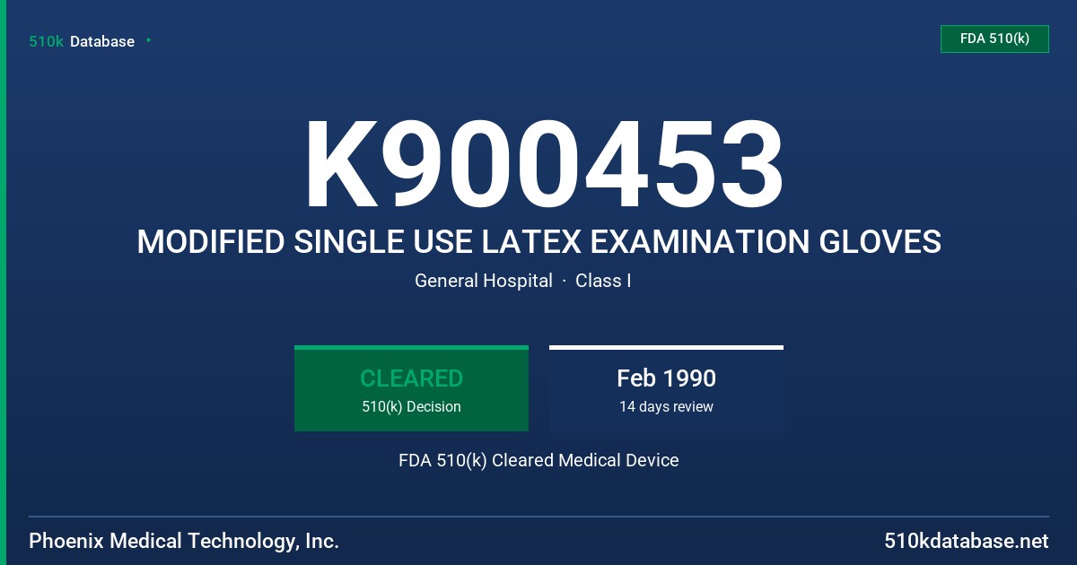 K900453 MODIFIED SINGLE USE LATEX EXAMINATION GLOVES FDA 510(k) Cleared Medical Device