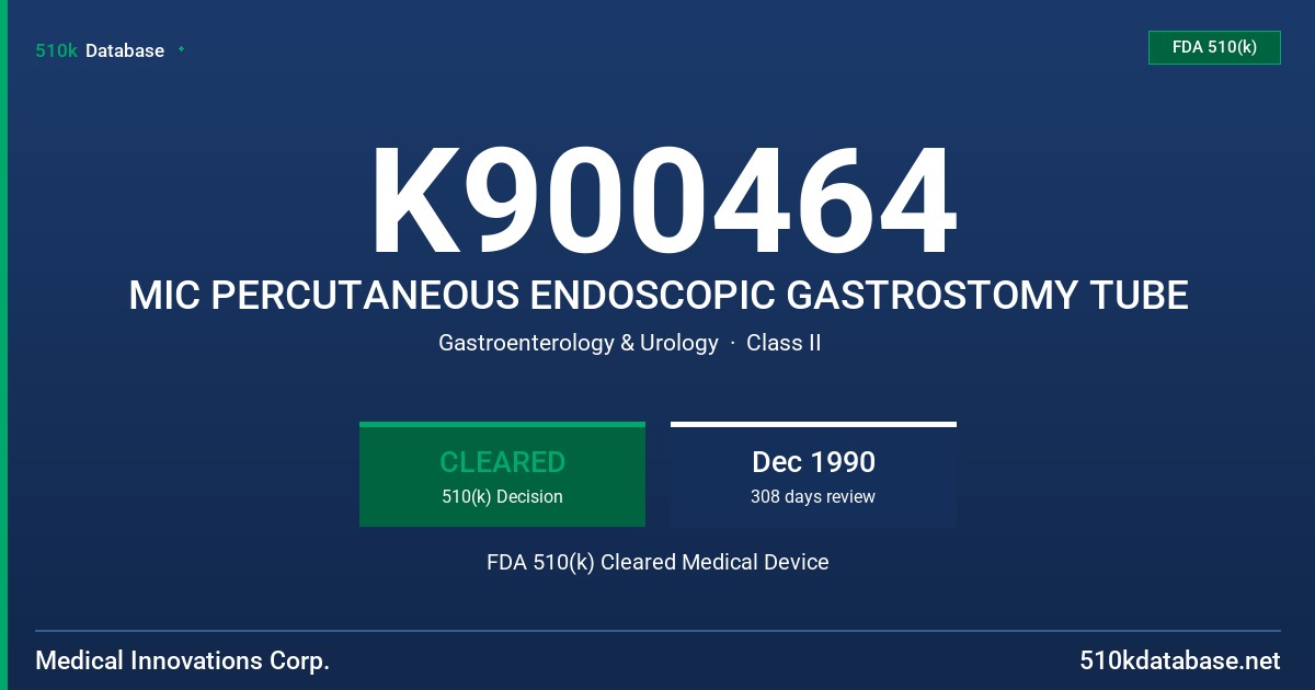 K900464 MIC PERCUTANEOUS ENDOSCOPIC GASTROSTOMY TUBE FDA 510(k) Cleared Medical Device