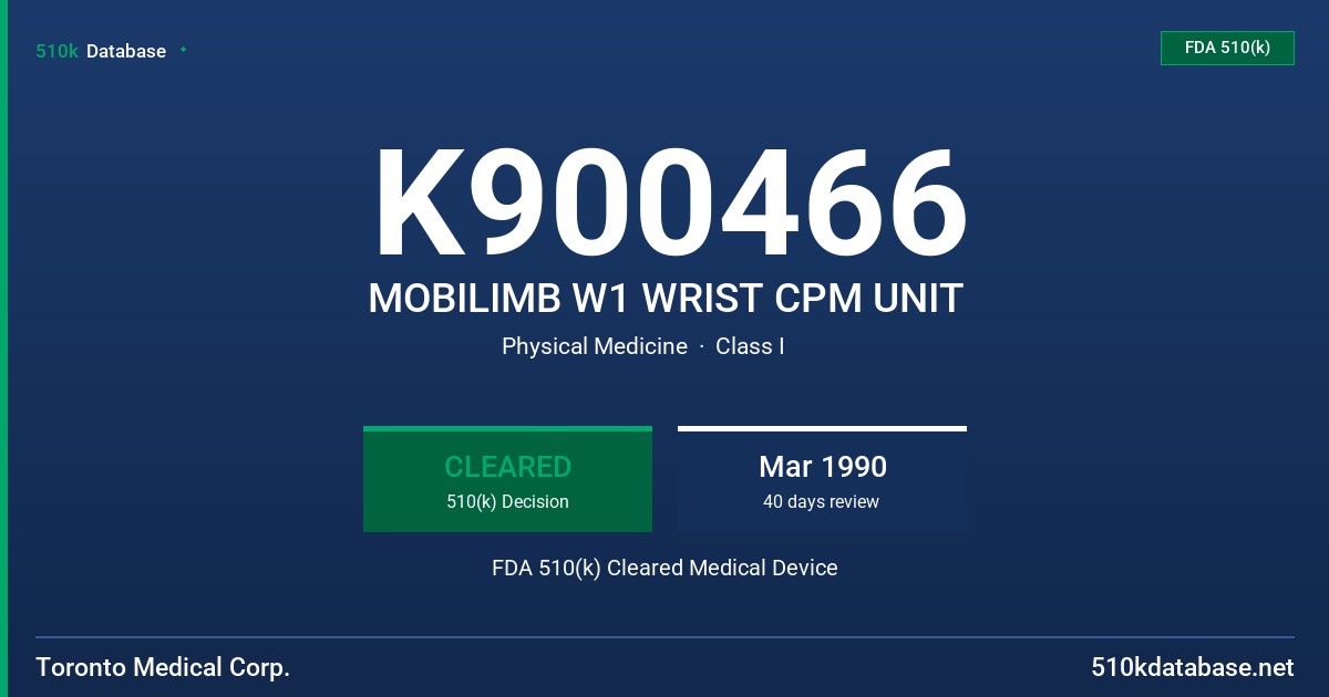 K900466 MOBILIMB W1 WRIST CPM UNIT FDA 510(k) Cleared Medical Device