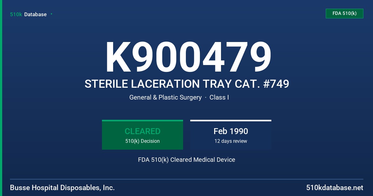 K900479 STERILE LACERATION TRAY CAT. #749 FDA 510(k) Cleared Medical Device