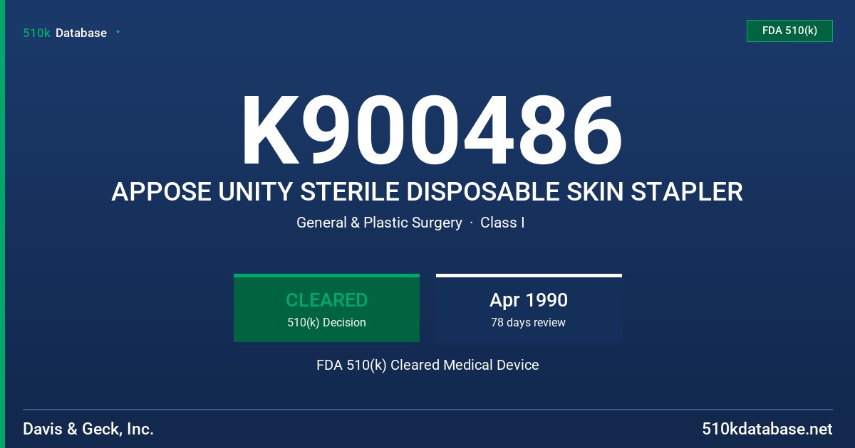 K900486 APPOSE UNITY STERILE DISPOSABLE SKIN STAPLER FDA 510(k) Cleared Medical Device