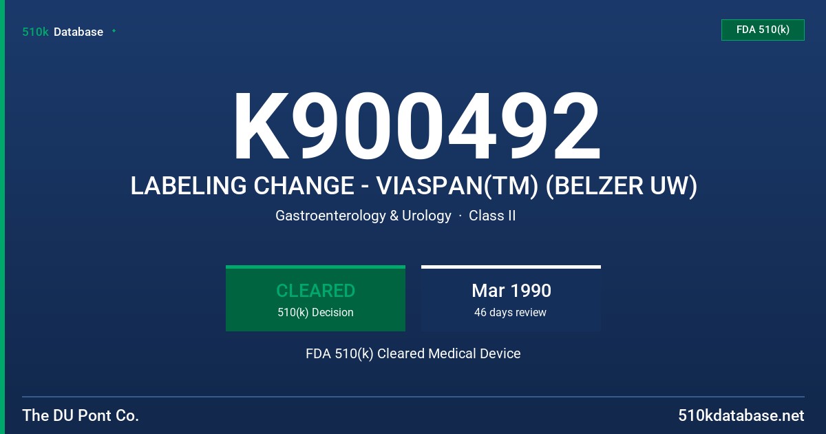 K900492 LABELING CHANGE - VIASPAN(TM) (BELZER UW) FDA 510(k) Cleared Medical Device