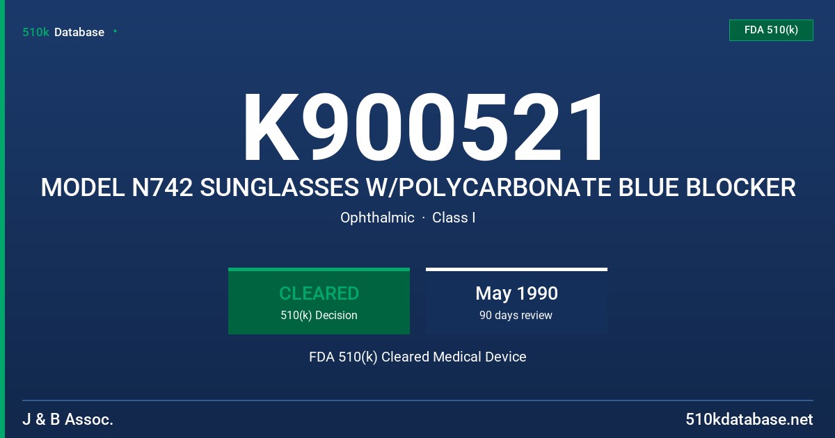 K900521 MODEL N742 SUNGLASSES W/POLYCARBONATE BLUE BLOCKER FDA 510(k) Cleared Medical Device