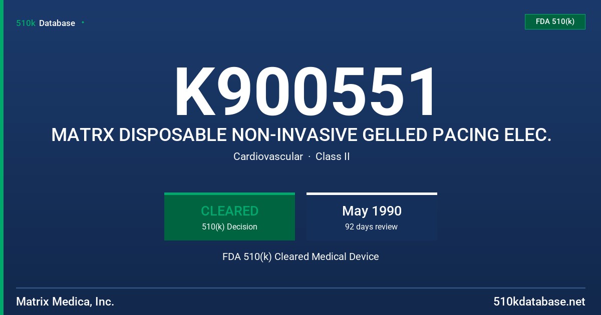 K900551 MATRX DISPOSABLE NON-INVASIVE GELLED PACING ELEC. FDA 510(k) Cleared Medical Device
