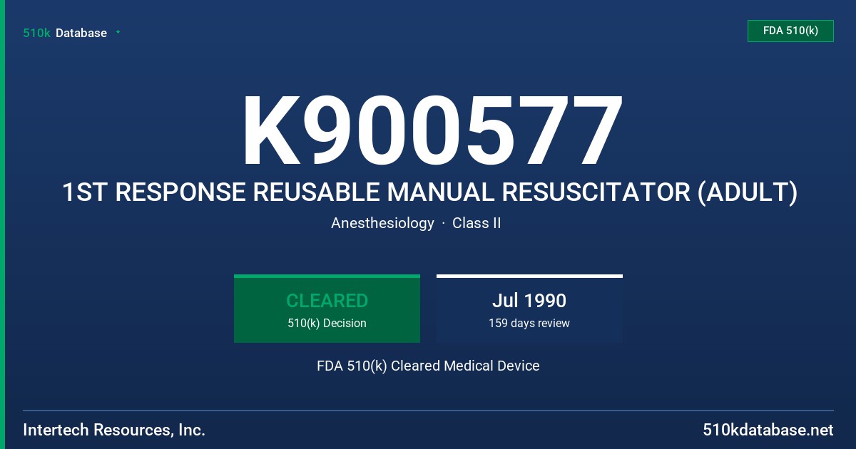 K900577 1ST RESPONSE REUSABLE MANUAL RESUSCITATOR (ADULT) FDA 510(k) Cleared Medical Device