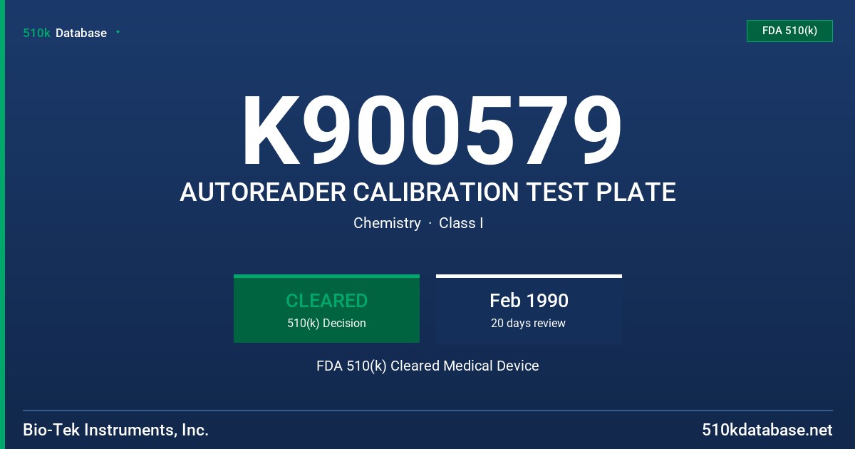K900579 AUTOREADER CALIBRATION TEST PLATE FDA 510(k) Cleared Medical Device