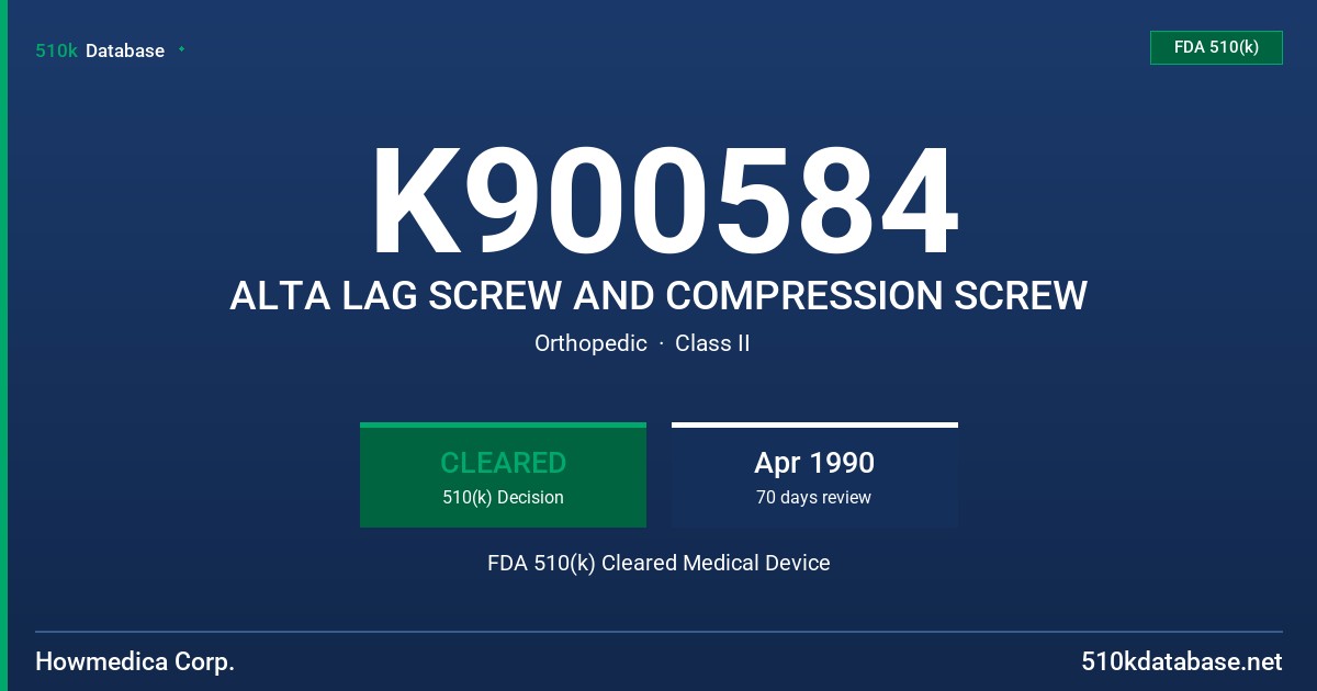 K900584 ALTA LAG SCREW AND COMPRESSION SCREW FDA 510(k) Cleared Medical Device